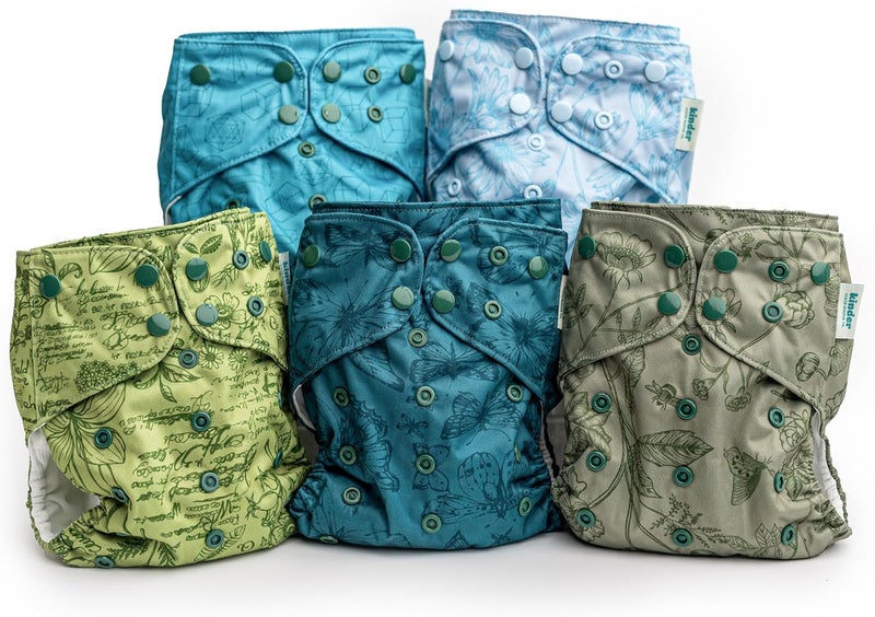 Kinder Cloth Diapers Set of 5 Reusable Baby Diapers Pocket Style Athletic Wicking Jersey, Newborn to Potty 7-60lbs, One Size, Inserts NOT Included (Tranquil Garden Botanicals) - Image 1